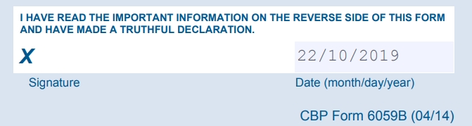Дата и подпись - Заполнение таможенной декларации США