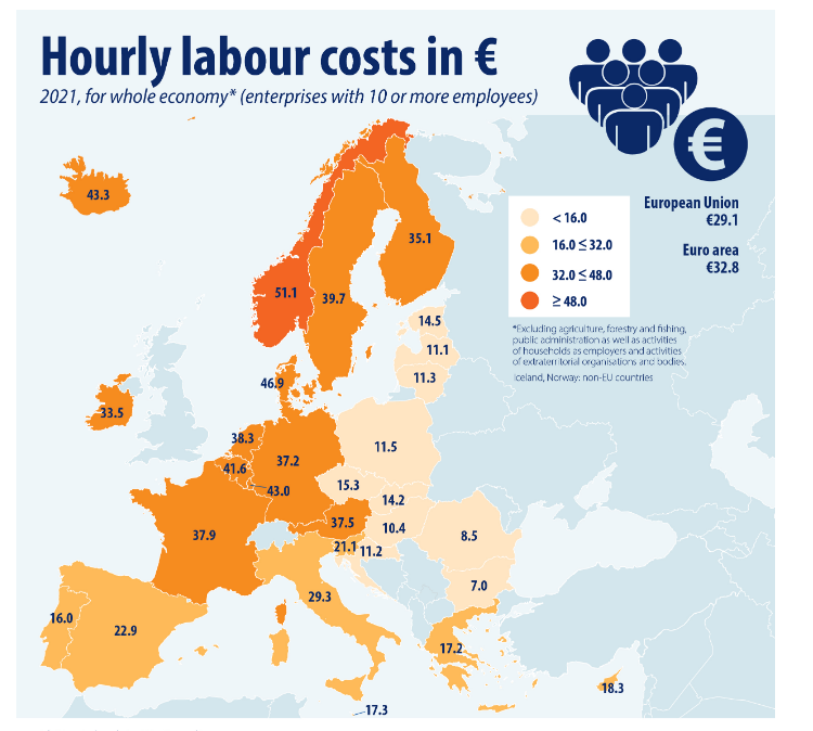 Евростат: Средняя почасовая оплата труда по странам ЕС и Еврозоны 1